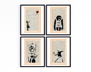 4er Set alte Buchseiten mit BANKSY Streetart Bedruckt  | Architektur Readable Art