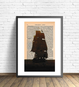 Alte Buchseite mit "Segelschiff im Nebel von Friedrich" | Readable Art